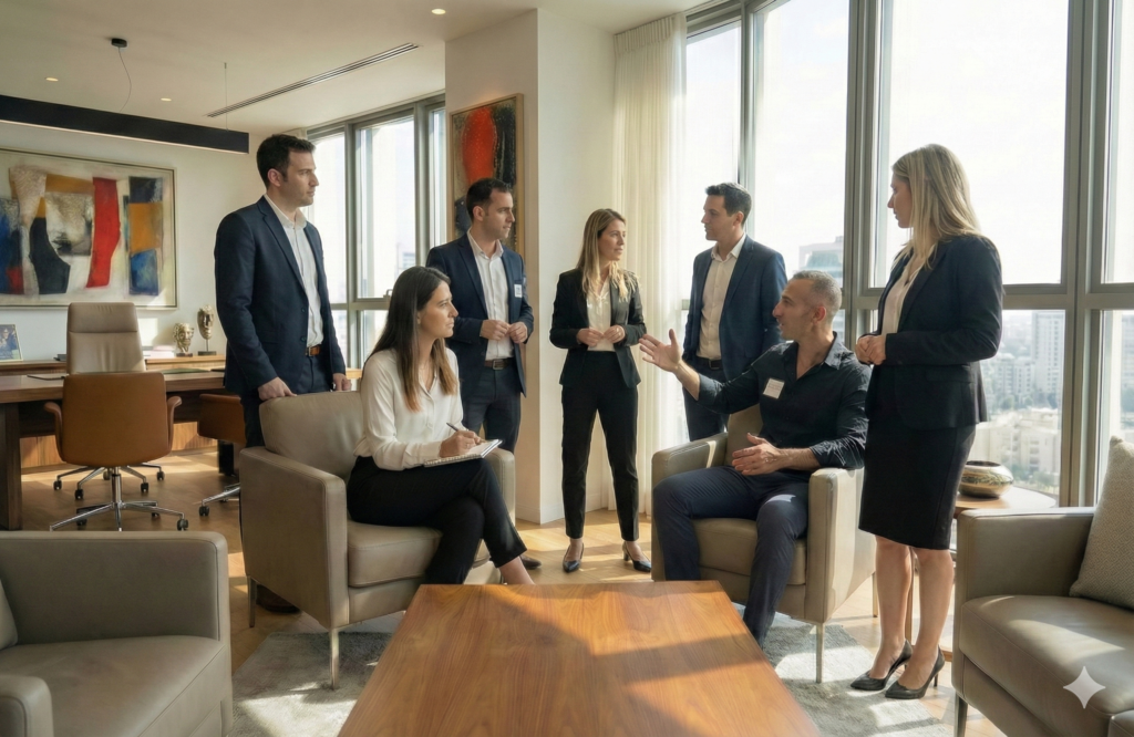 חבורה של אנשים ליד חלון במשרד