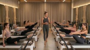 מדריכת פילאטיס מכשירים מדגימה הדרכה מקצועית לקבוצת נשים מגוונת בסטודיו בוטיק