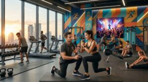 מאמן אישי כורע ומנחה לקוחה צעירה בביצוע סקוואט בחדר כושר מודרני בקומה גבוהה עם נוף פנורמי של קו רקיע עירוני בשעת שקיעה זהובה. ברקע רצים על מסלולים, מרימי משקולות, וקיר מעוצב עם מסך ענק המציג קונצרט.